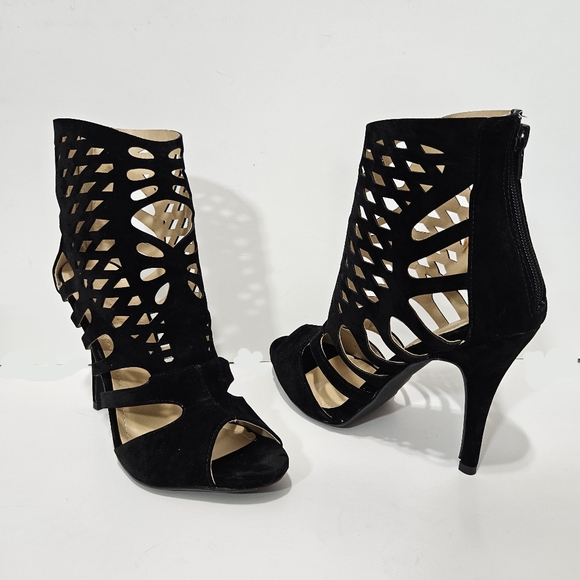 LILIANA Black Velvet Caged/Lasercut Stiletto Bootie Sz 10 - Picture 2 of 7